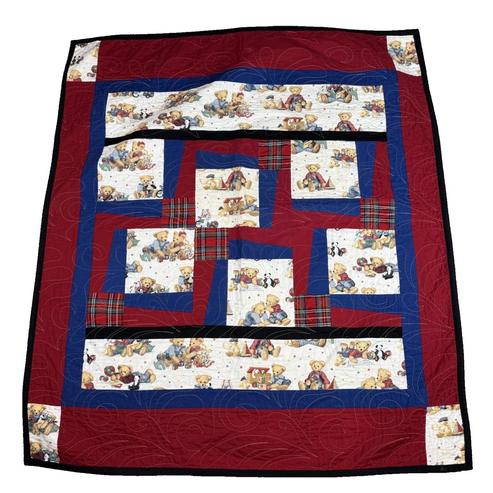 Blue Jean Teddy Bear Baby‎ Blanket Handmade Quilted Reversible Plaid Nursery
